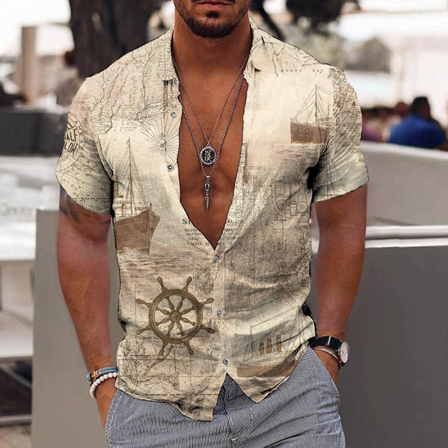 

Men's Nautical Print Short Sleeve Casual Shirt