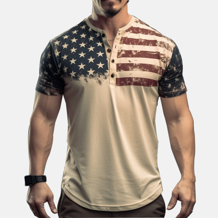 

Men's Comfortable Breathable Stretch Vintage American Flag Graphic Henley Neck T-Shirt