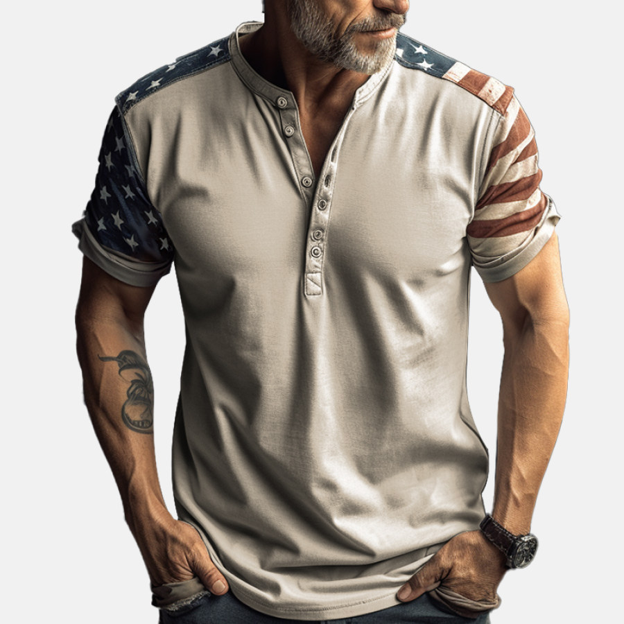 

Men's Vintage American Flag Shoulder Partial Print Henley Neck T-Shirt
