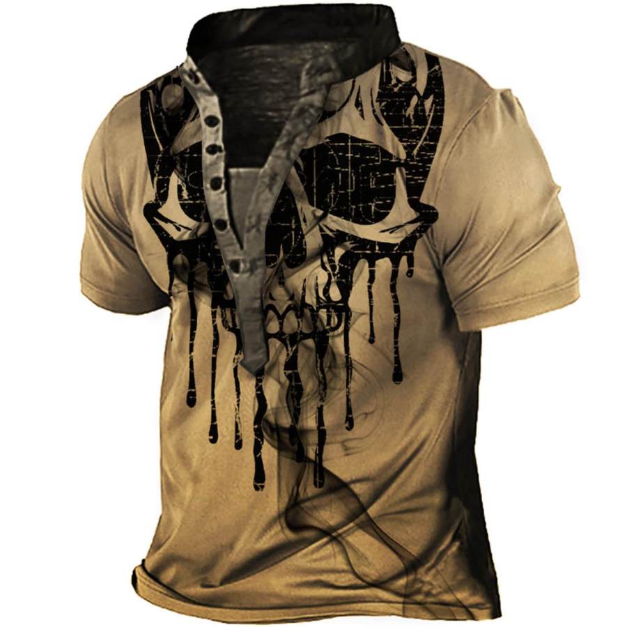 

Men's Vintage Skull Smoke Print Henley T-Shirt
