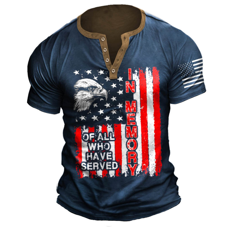 

Men's Vintage Memorial Day Eagle American Flag Print Henley T-Shirt