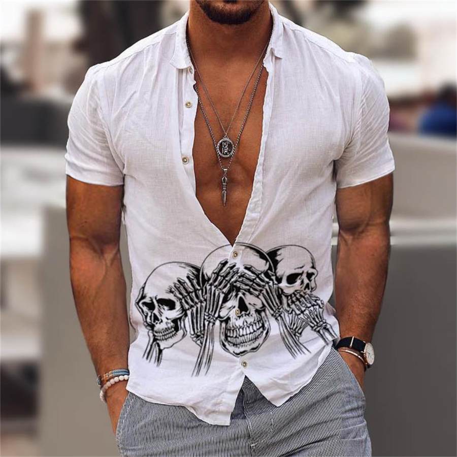 

Men's Three Skulls Print Hawaiian Beach Short Sleeve Shirt
