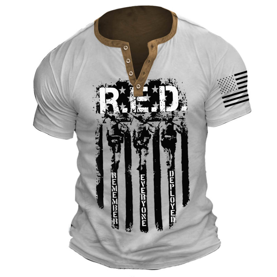 

T-shirt Henley Vintage Da Uomo Remember Everyone Deployed American Flag