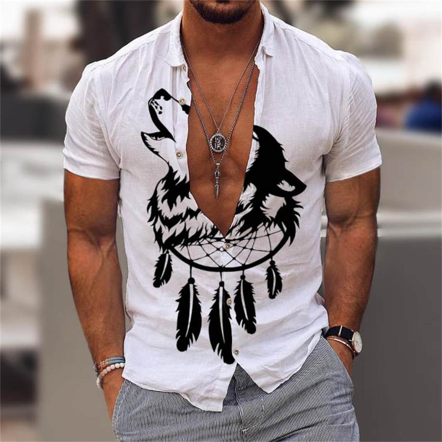 

Men's Animal Wolf Print Hawaiian Beach Shirt