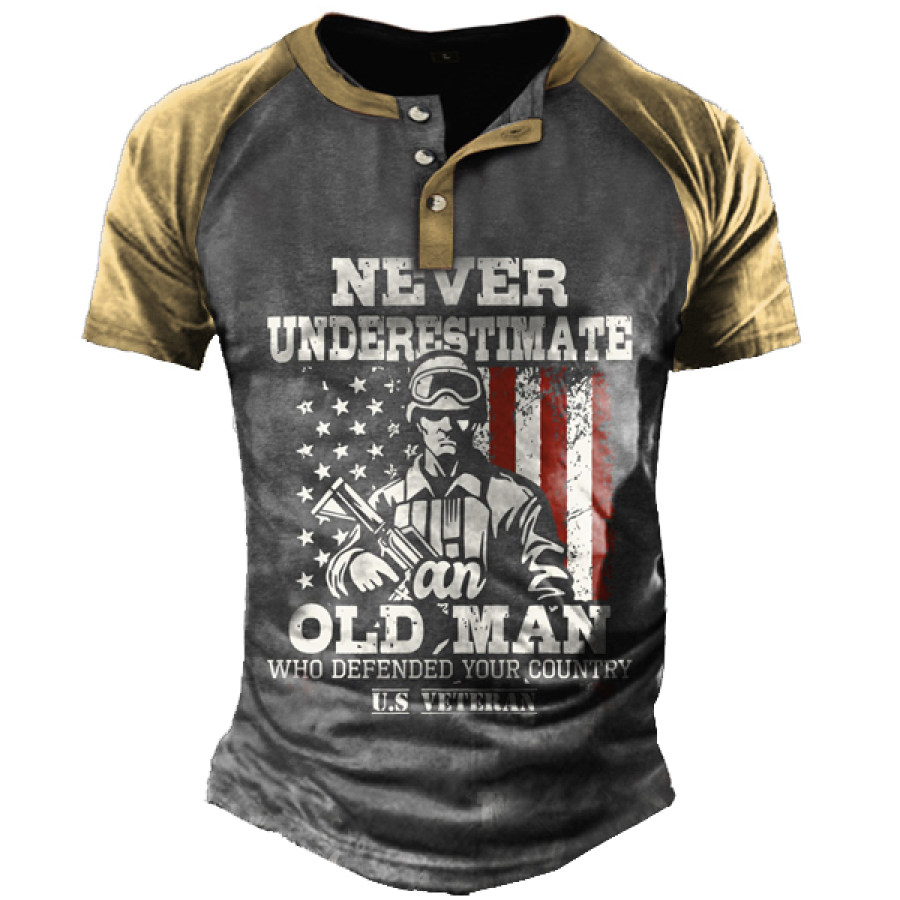 

Men Never Underestimate An Old Man Patriotic US Veteran Flag Henley T-Shirt