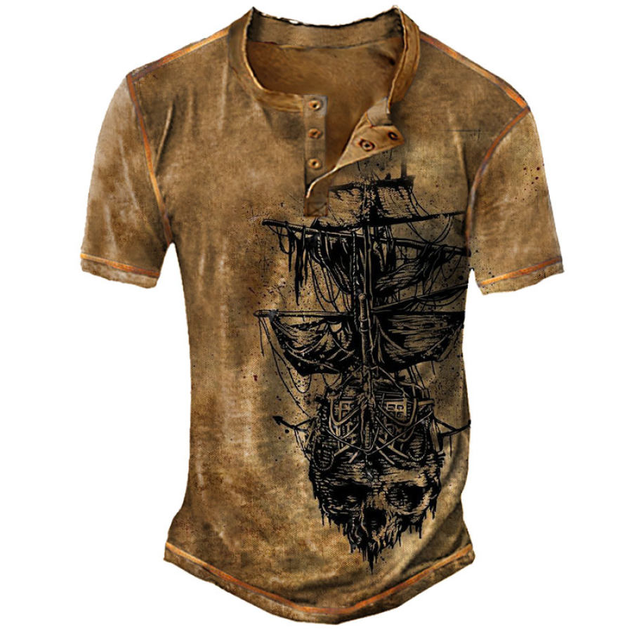 

Men's Vintage Nautical Boat Print Henley T-Shirt