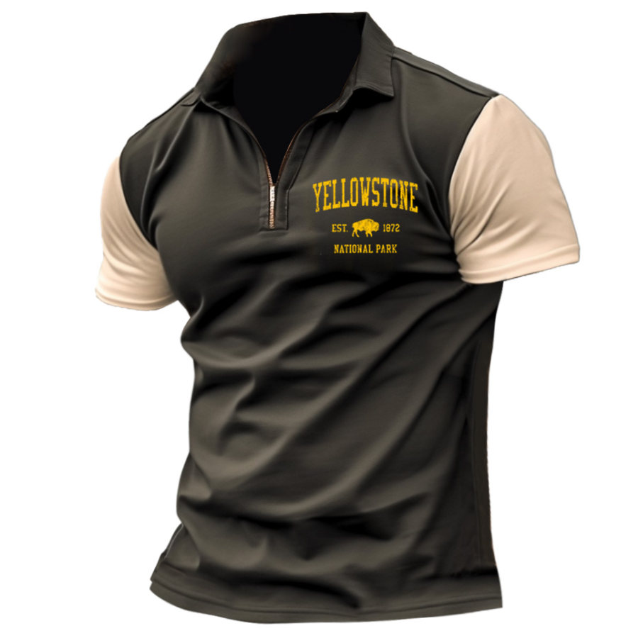 

Men's Vintage Yellowstone Colorblock Print Zip Polo T-Shirt