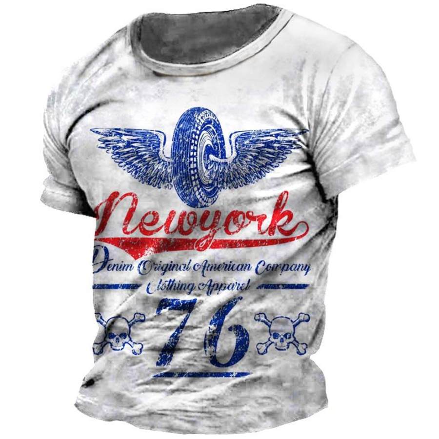 

Men's Vintage Motorcycle Skull Tire Wings Print T-Shirt