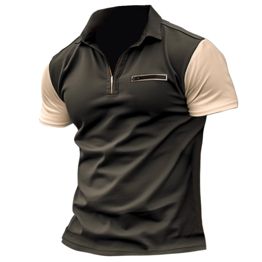 

Men's Outdoor Retro Tactical Pocket Colorblock Print Zip Polo T-Shirt