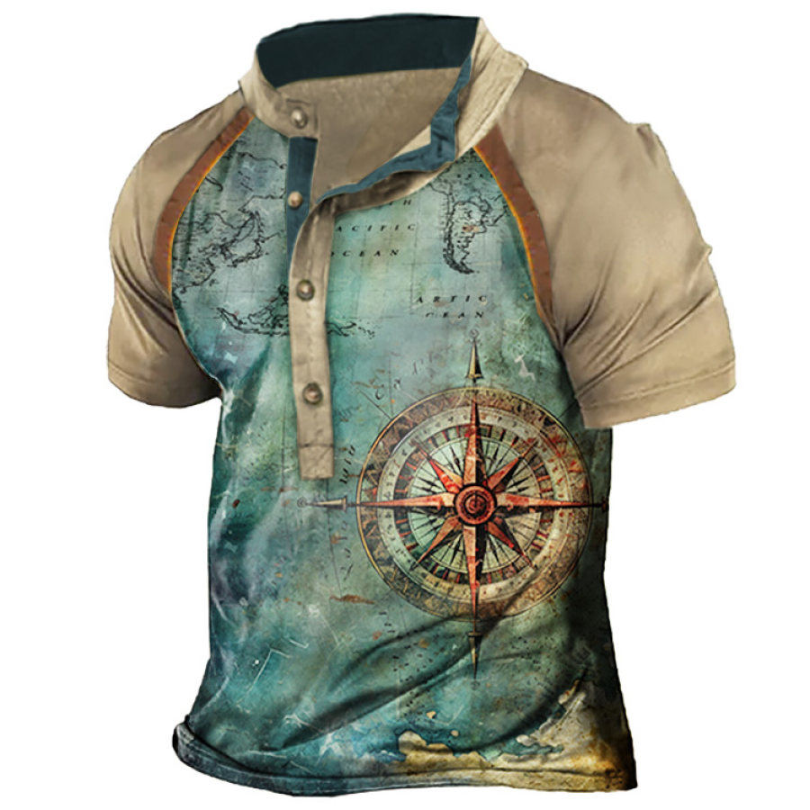 

Men's Vintage Nautical Map Compass Print Henley T-Shirt