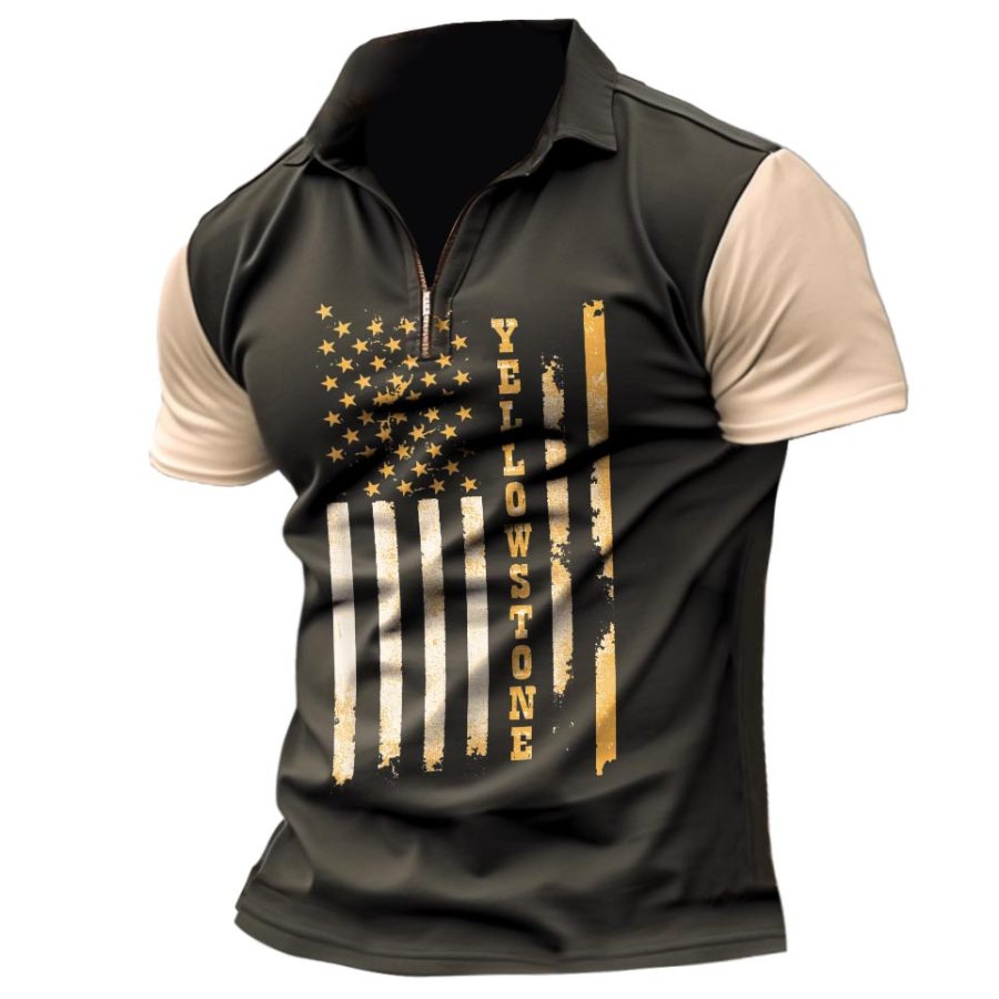 

Men's Vintage Yellowstone Flag Colorblock Print Zip Polo T-Shirt