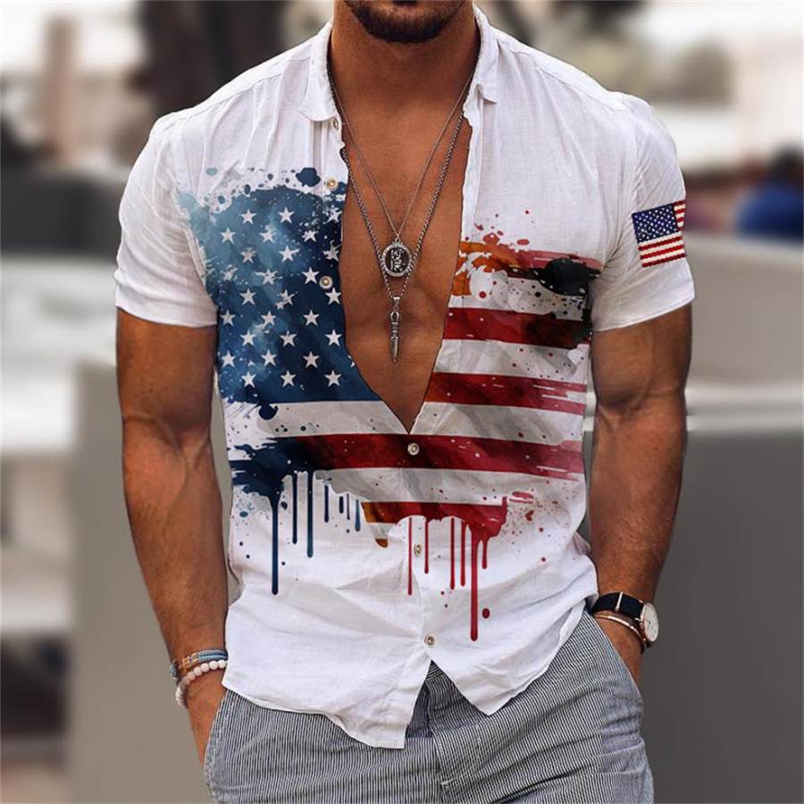 

Мужская акварельная рубашка с коротким рукавом с принтом флага Соединенных Штатов Америки