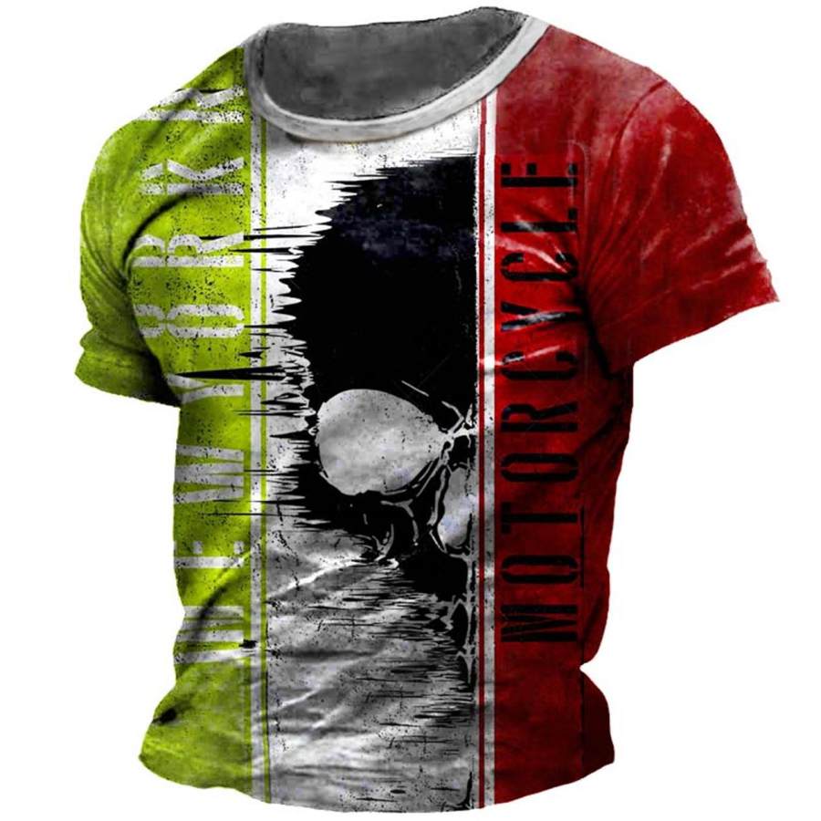 

Men's Vintage Motorcycle Skull Color Block Print T-Shirt