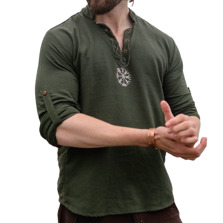 

Men's Vintage Viking Mid-Century V-Neck Cotton Linen Shirt