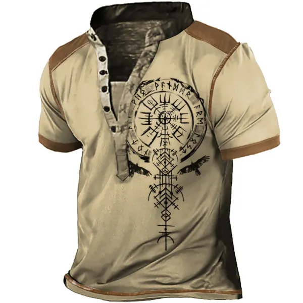 Men's Vintage Viking Eagle Color Contrast Henley Collar T-Shirt - Blaroken.com 