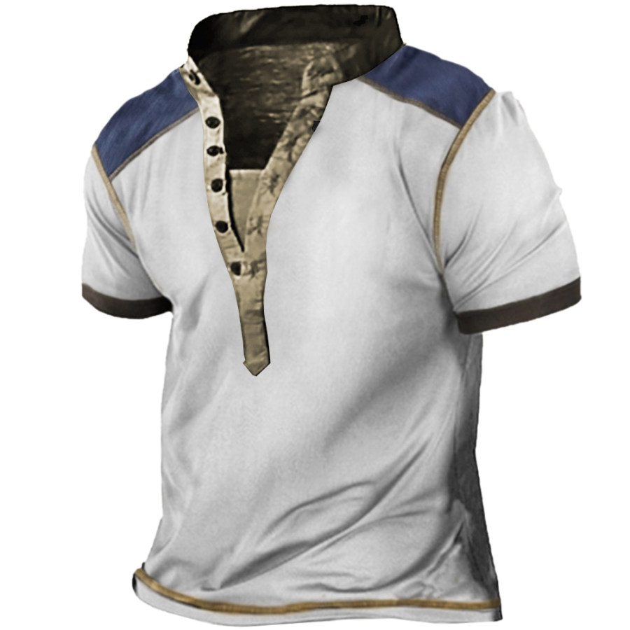 

Men's Vintage Color Contrast Henley Collar T-Shirt