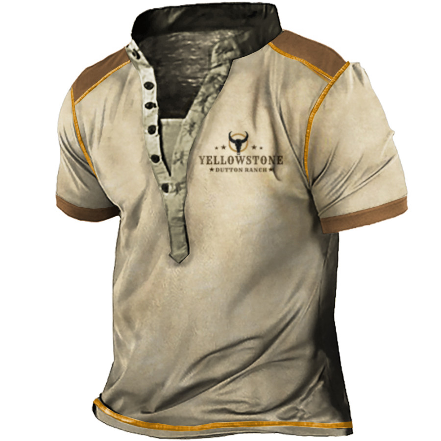 

Men's Vintage Western Yellowstone Color Contrast Henley Collar T-Shirt