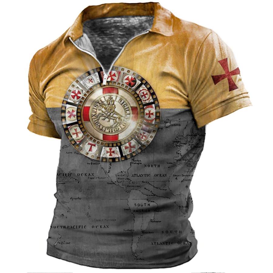 

Men's Vintage Templar Cross World Map Colorblock Zip Polo T-Shirt