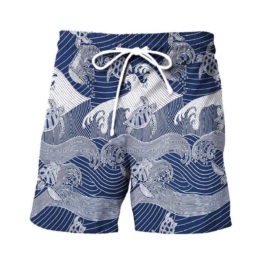 

Men's Hawaiian Sea Turtle Wave Print Drawstring Shorts