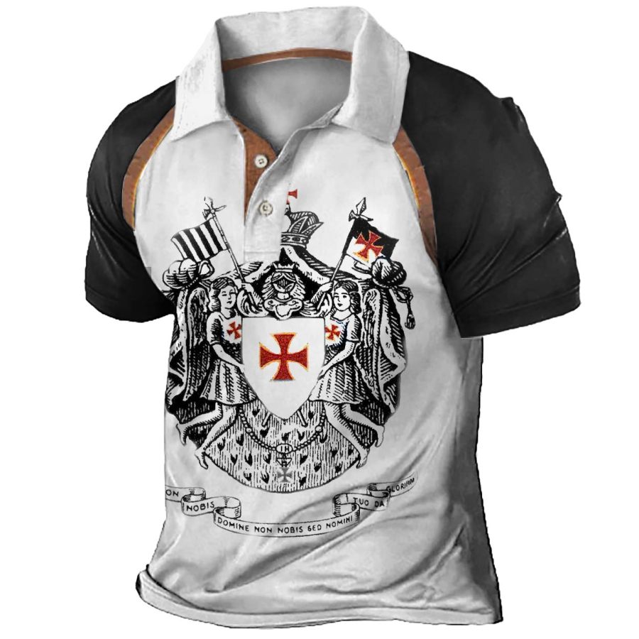 

Men's Vintage Templar Cross Print Colorblock Polo T-Shirt