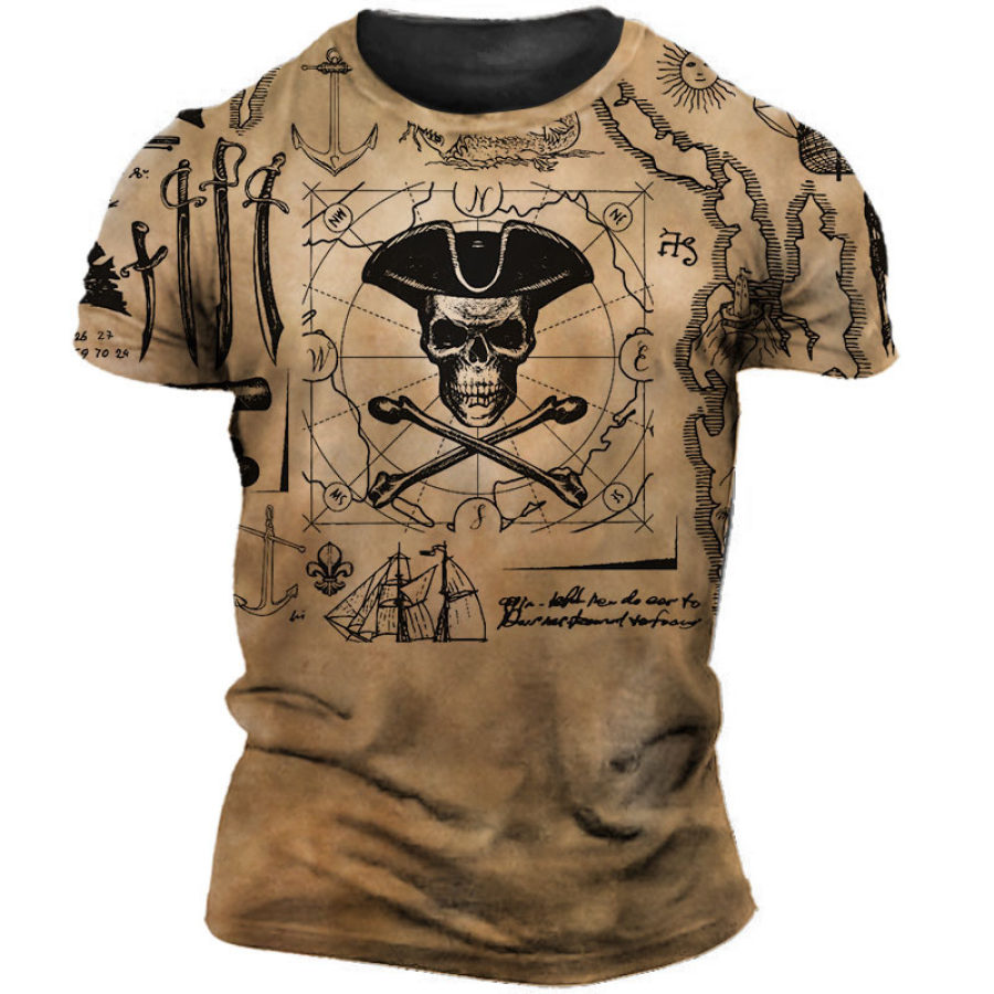 

Men's Vintage Nautical Pirate Skull Print Short Sleeve T-Shirt