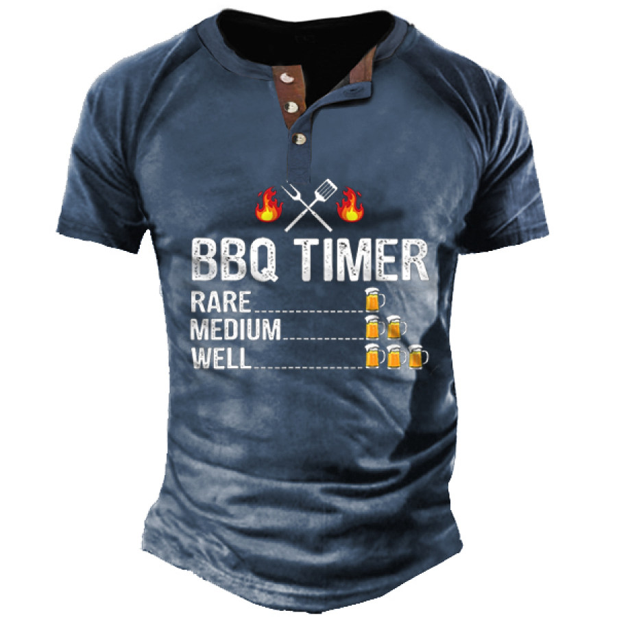 

BBQ Timer Barbecue Drinking Grill Beer Men Henley T-Shirt