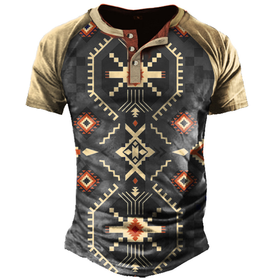 

Men's Vintage Ethnic Geometric Print Henley T-Shirt