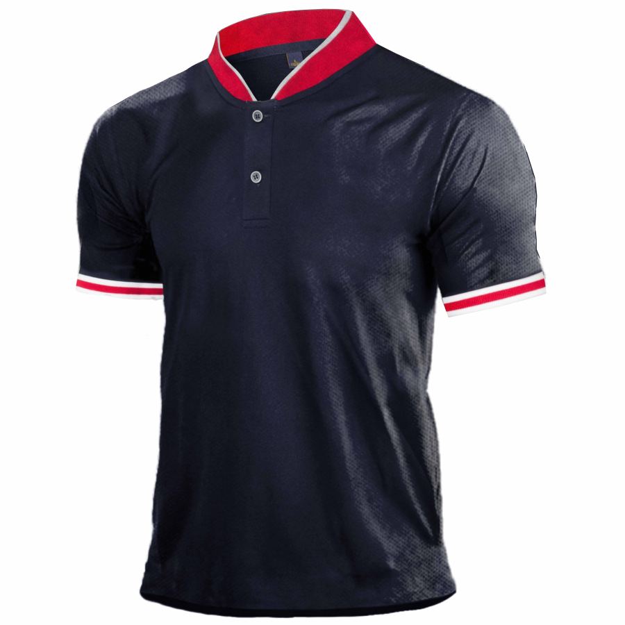 

Men's Colorblock Casual Stand Collar Short Sleeve T-Shirt