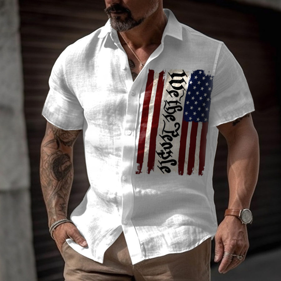 

Men's Vintage American Flag Print Short Sleeve Shirt