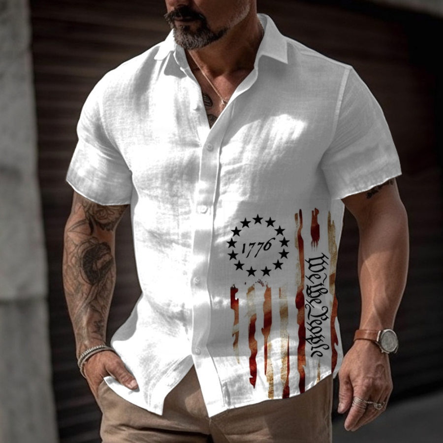 

Men's Vintage American Flag Print Short Sleeve Shirt