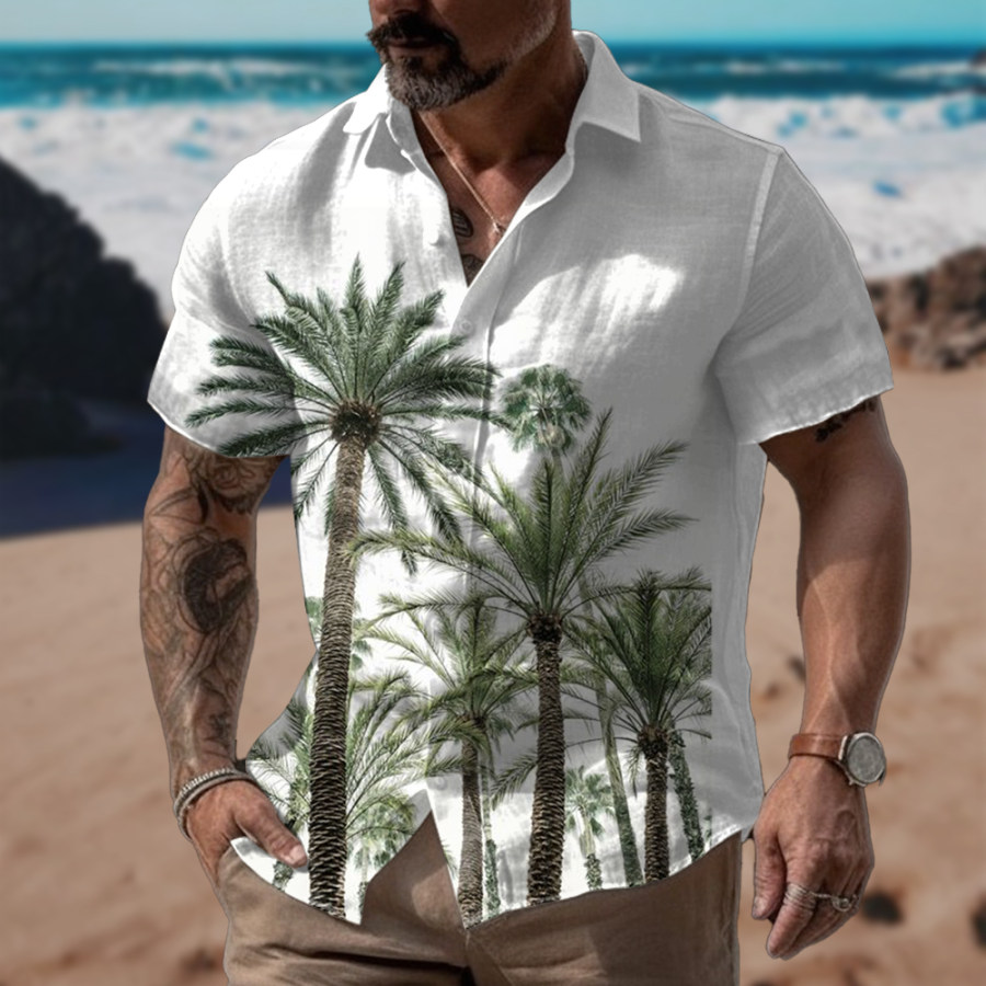 

Men's Summer Outdoor Hawaiian Coconut Water Print Beach Short Sleeve Shirt