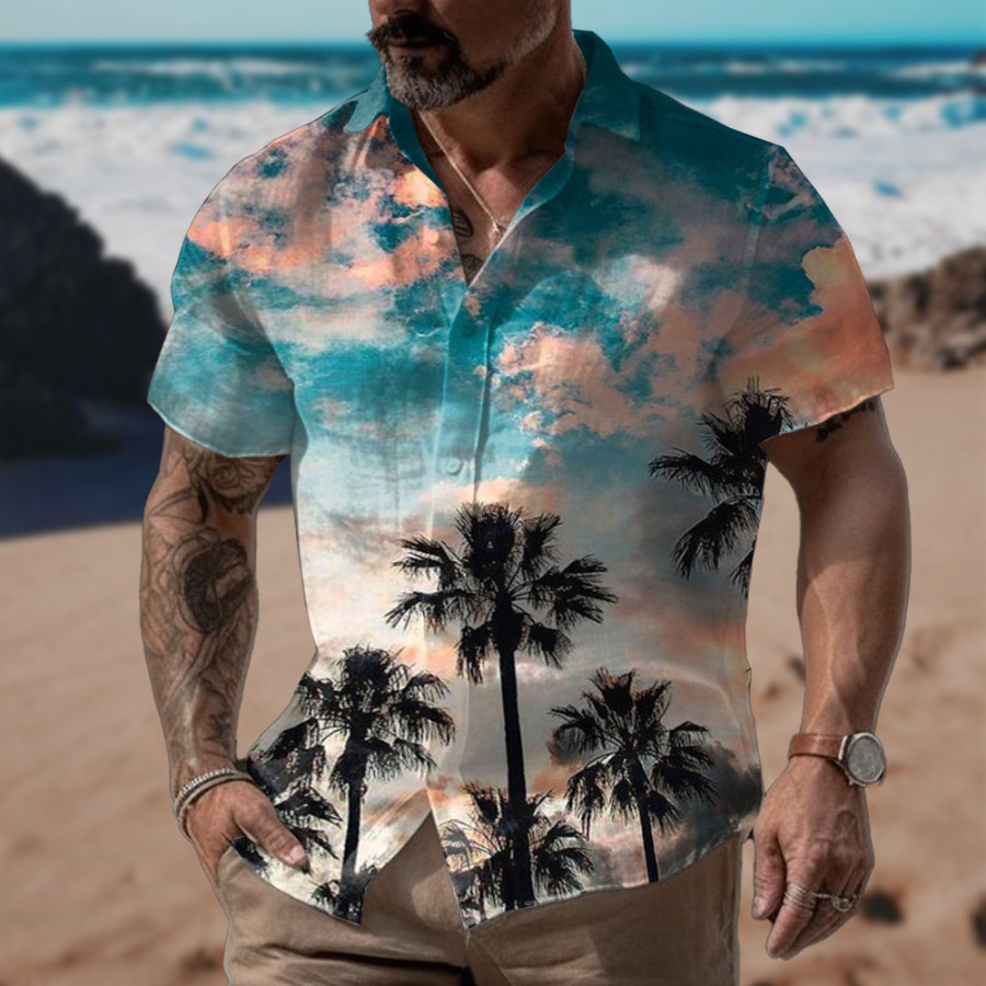 

Men's Summer Outdoor Hawaiian Coconut Water Print Beach Short Sleeve Shirt