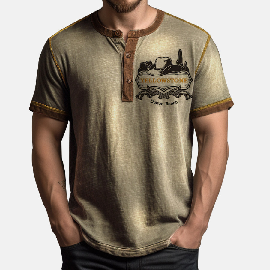 

Men's Comfortable Breathable Outdoor Vintage Western Yellowstone Henley Collar Short Sleeve T-Shirt