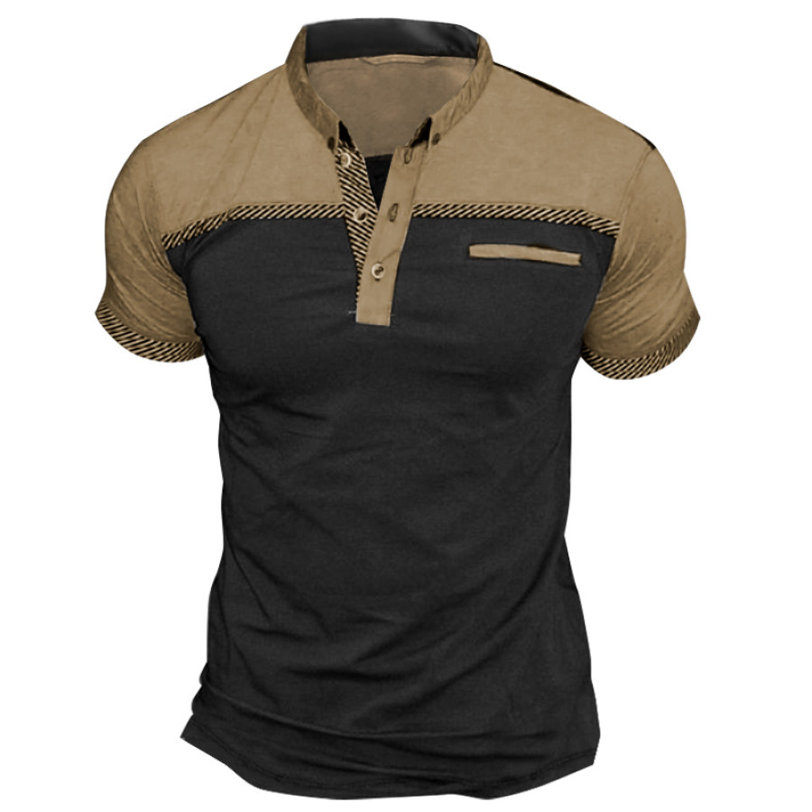 

Men's Vintage Stripe Colorblock Polo Neck T-Shirt