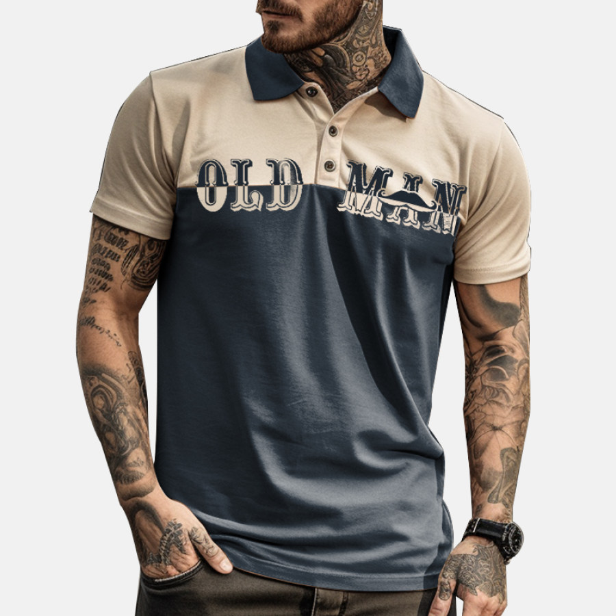 

Men's Retro Patchwork Old Manpolo Collar Short Sleeve T-shirt