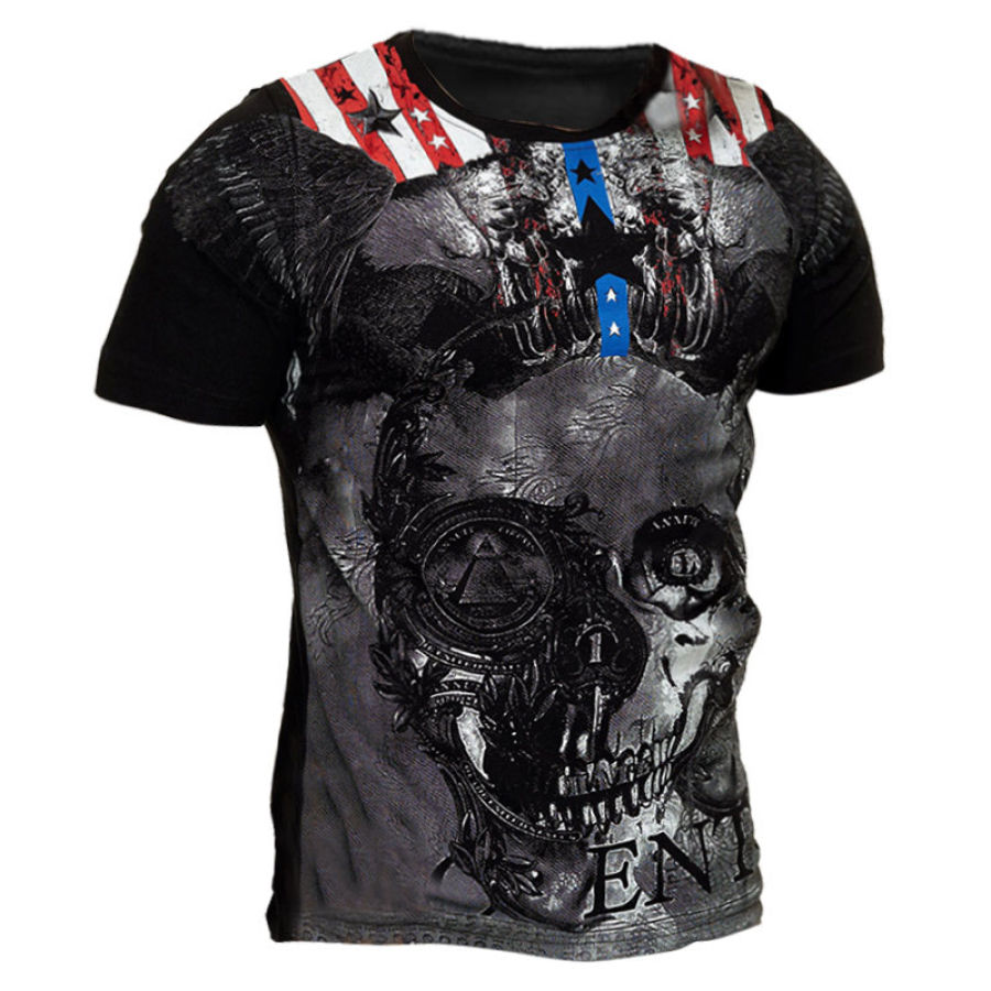 

Men's Vintage American Flag Skull Print T-Shirt