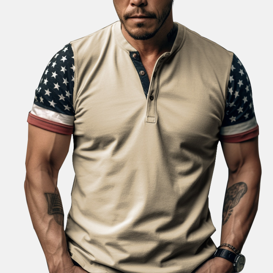 

Men's Comfortable Breathable Stretch Vintage American Flag Henley Collar Short Sleeve T-Shirt