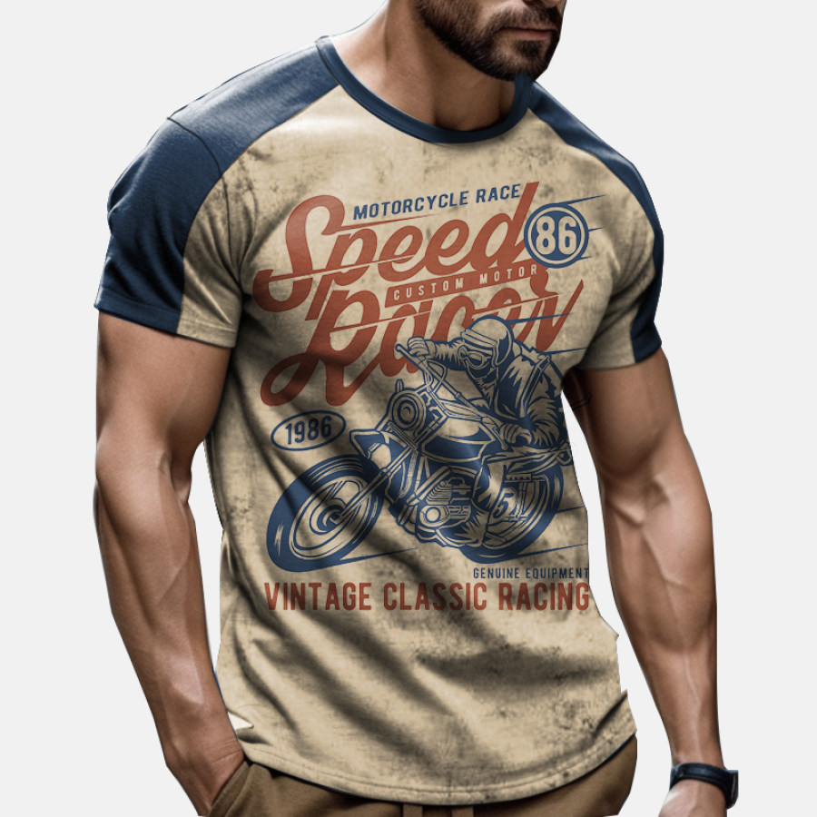 

Men's Vintage Motorcycle Racing Graphic Print Panel T-Shirt