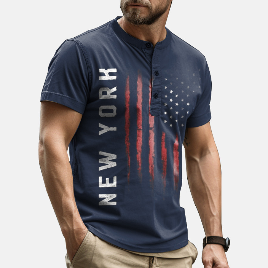 

Men's Stretch Vintage New York American Flag Henley Collar Short Sleeve T-Shirt