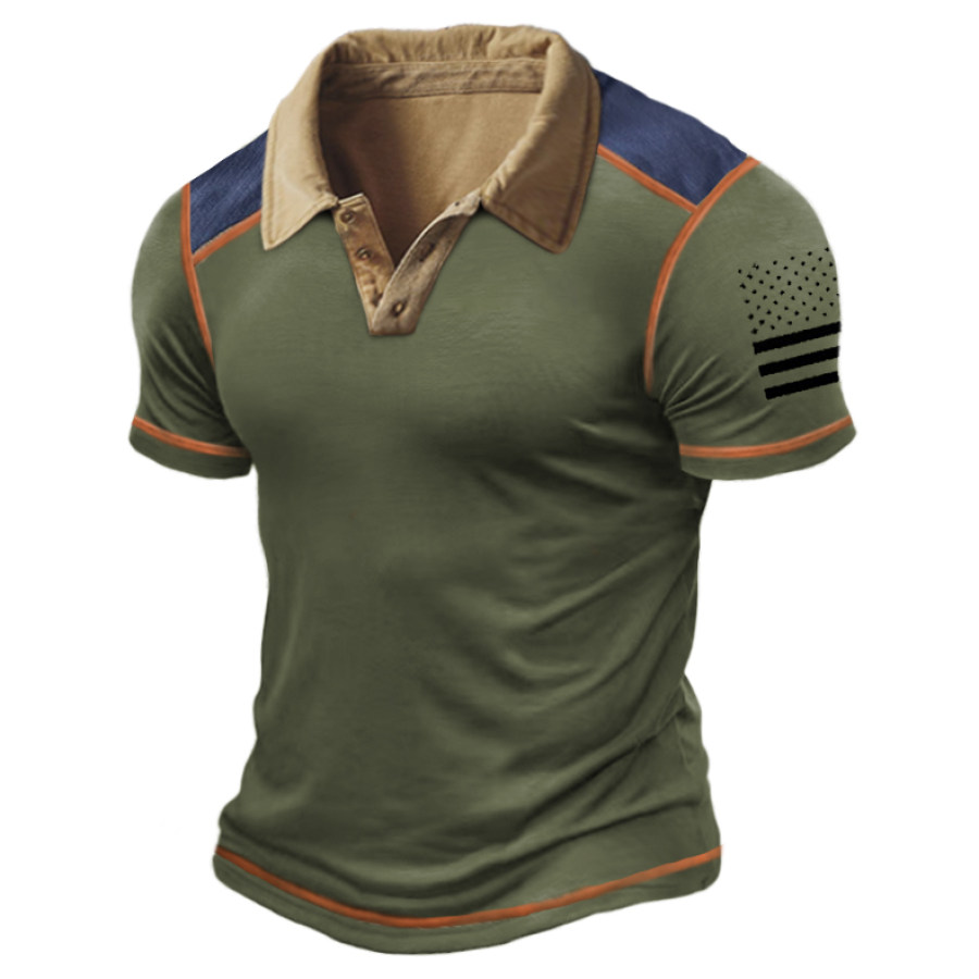 

Men's Vintage Tactical American Flag Print Colorblock Polo T-Shirt