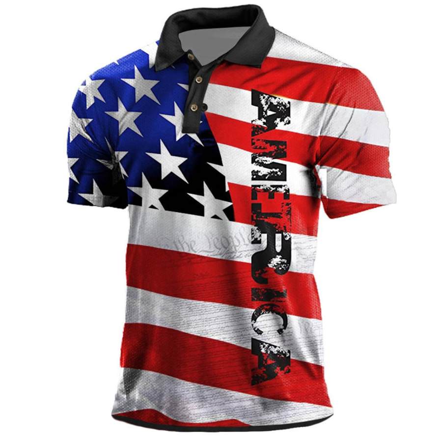 

Men's Outdoor American Flag Print Polo Short Sleeve T-Shirt