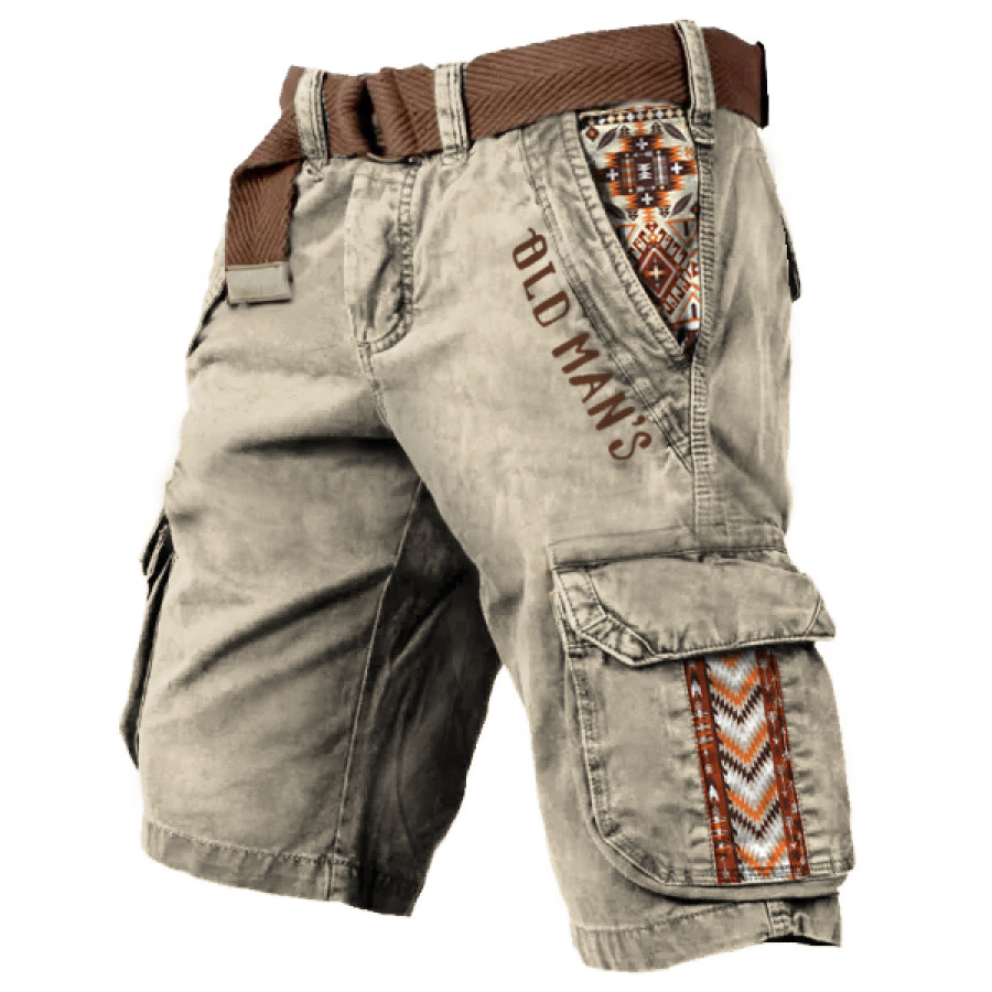 

Men's Vintage Old Men Ethnic Print Wash Print Multi-Pocket Tactical Shorts