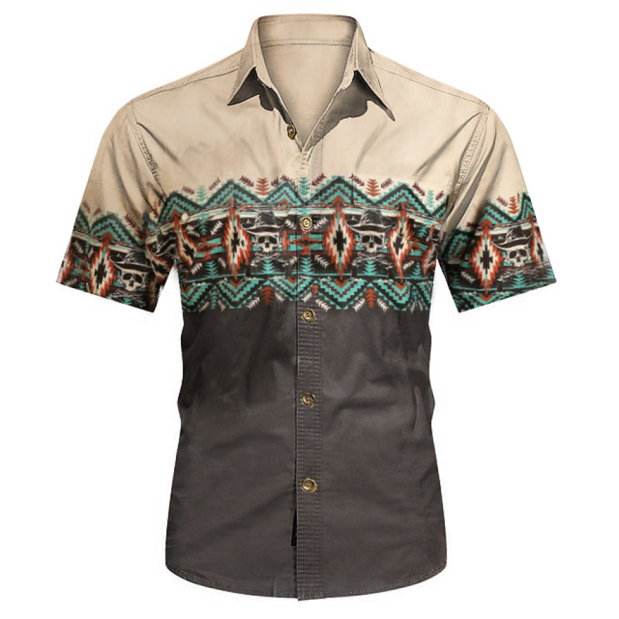 

Men's Vintage Western Denim Ethnic Graphic Print Cargo Shirt