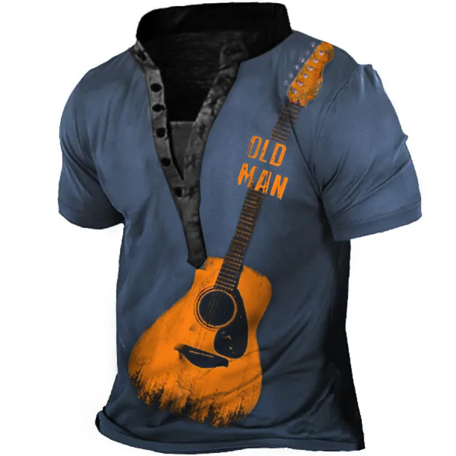 

Men's Vintage Old Men Guitar Print Henley T-Shirt