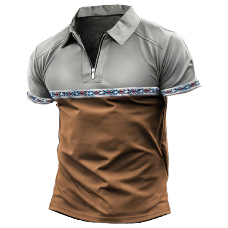 

Men's Vintage Ethnic Pattern Zip Polo Shirt
