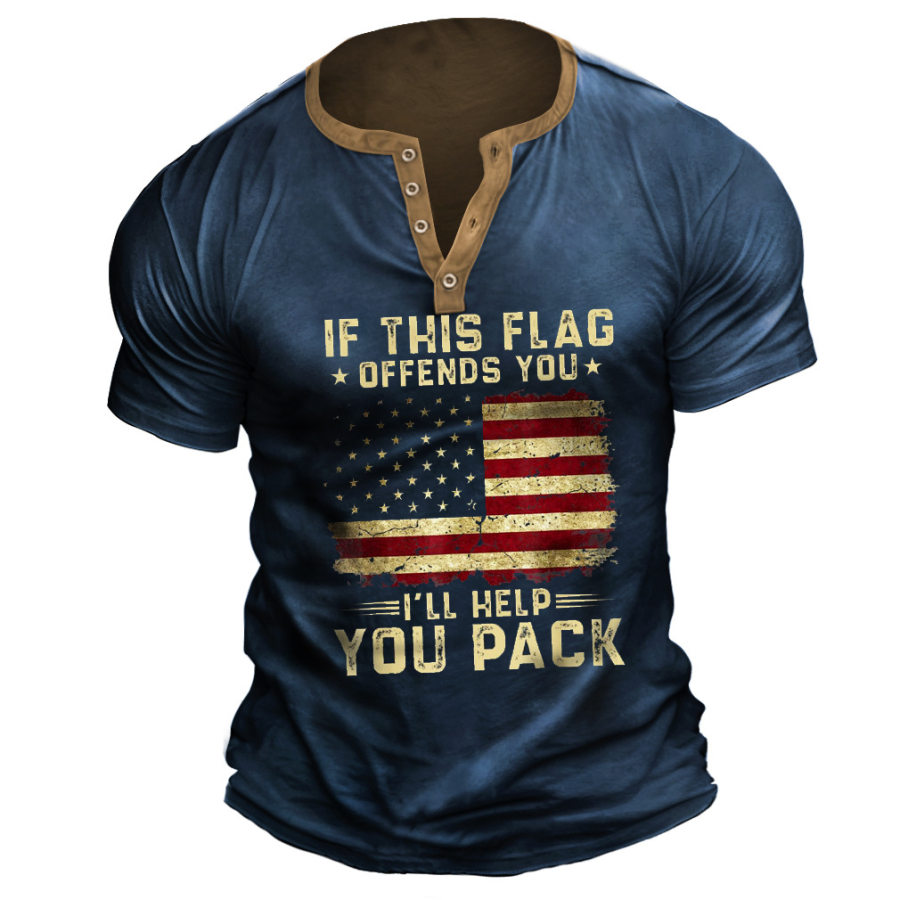 

Si Esta Bandera Te Ofende Te Ayudaré A Empacar La Camiseta Henley De Los Hombres De La Bandera Estadounidense Retro