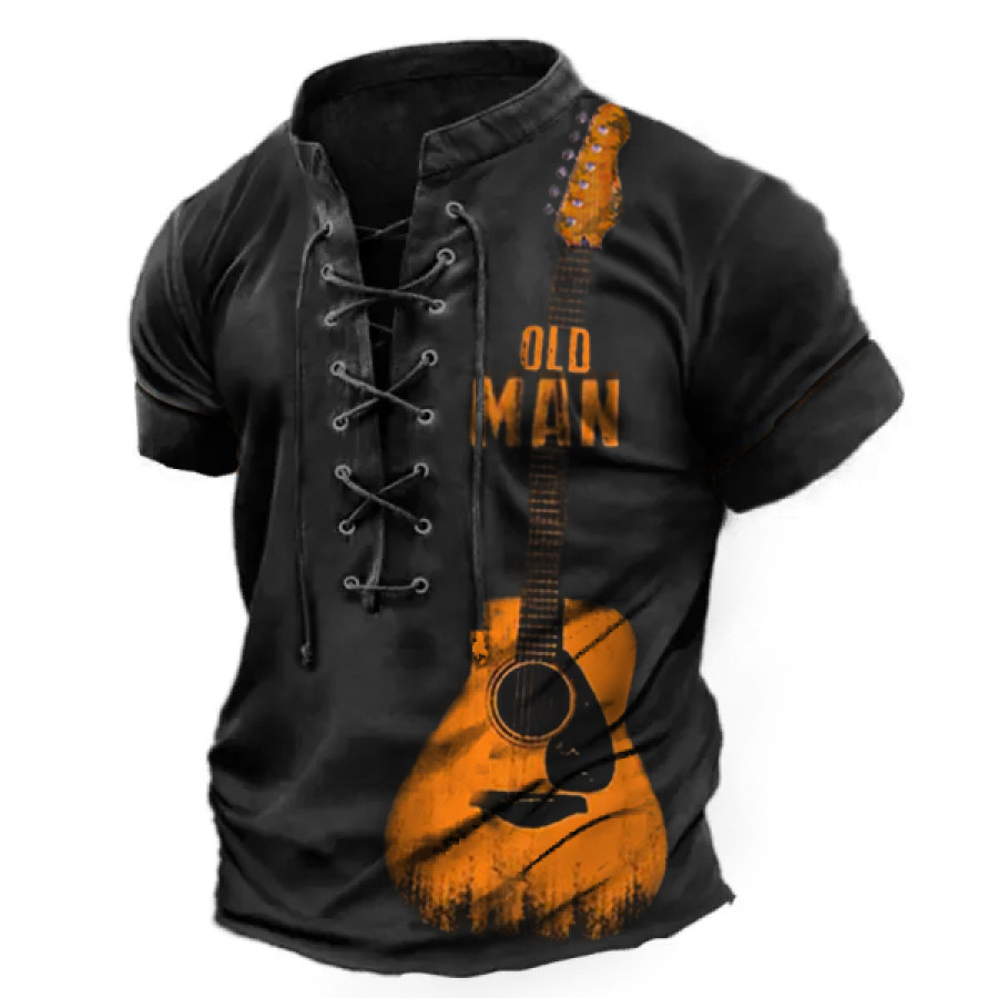 

Men's Vintage Old Men Guitar Print Lace Up Short Sleeve T-Shirt
