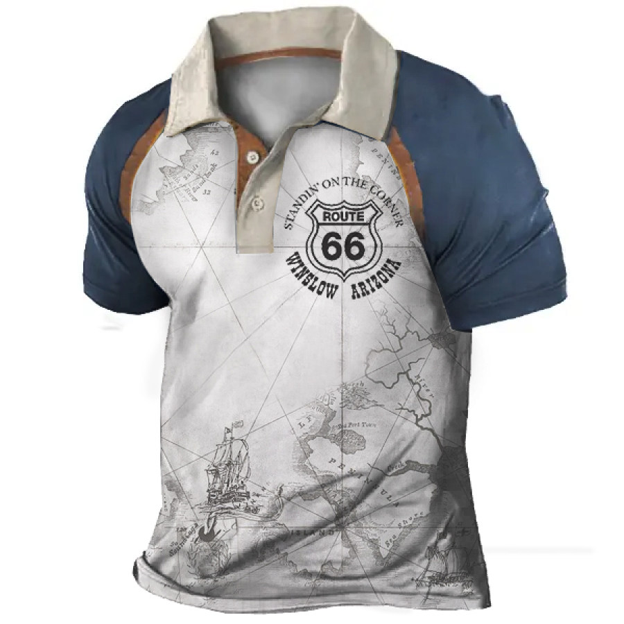 

Camiseta De Cuello Polo Con Mapa Vintage Route 66 Para Hombre