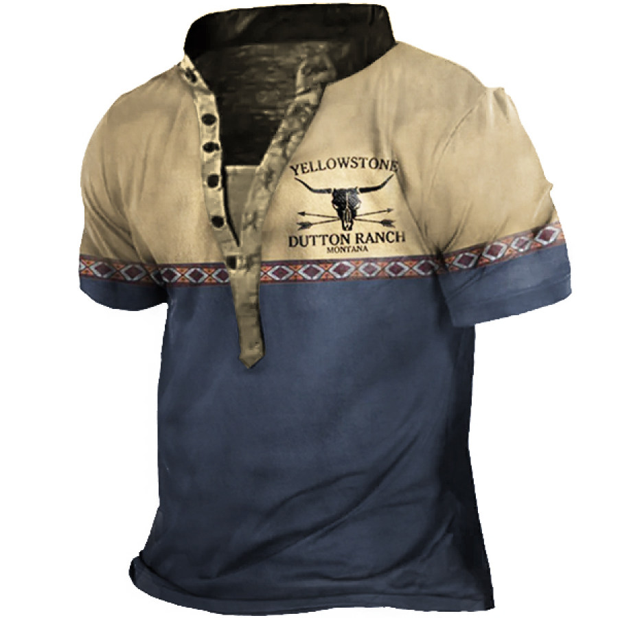 

Men's Vintage Yellowstone Henley Stand Collar T-Shirt