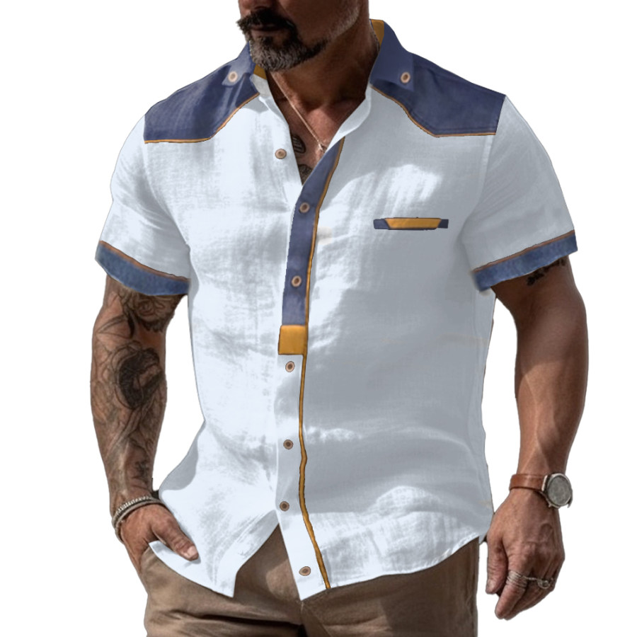 

Men's Outdoor Retro Denim Stitching Contrast Color Short Sleeve Shirt